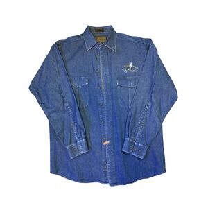 Browning Mens Denim Button Up Shirt M Blue Mallard Duck Embroidered Hunting